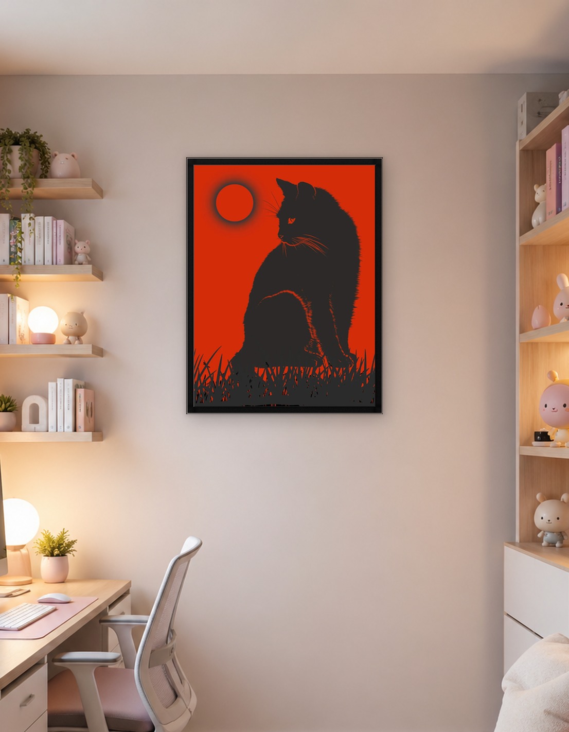 Black Cat Silhouette with Red Moon