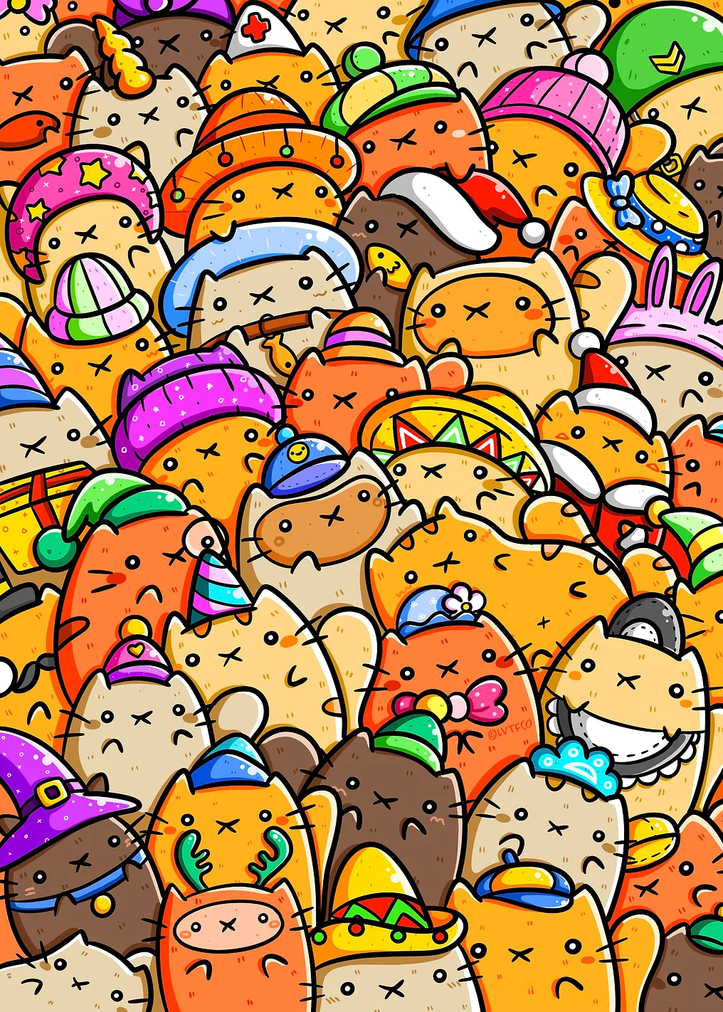 Cute Kawaii Fashion Cats Pattern Art Illustration