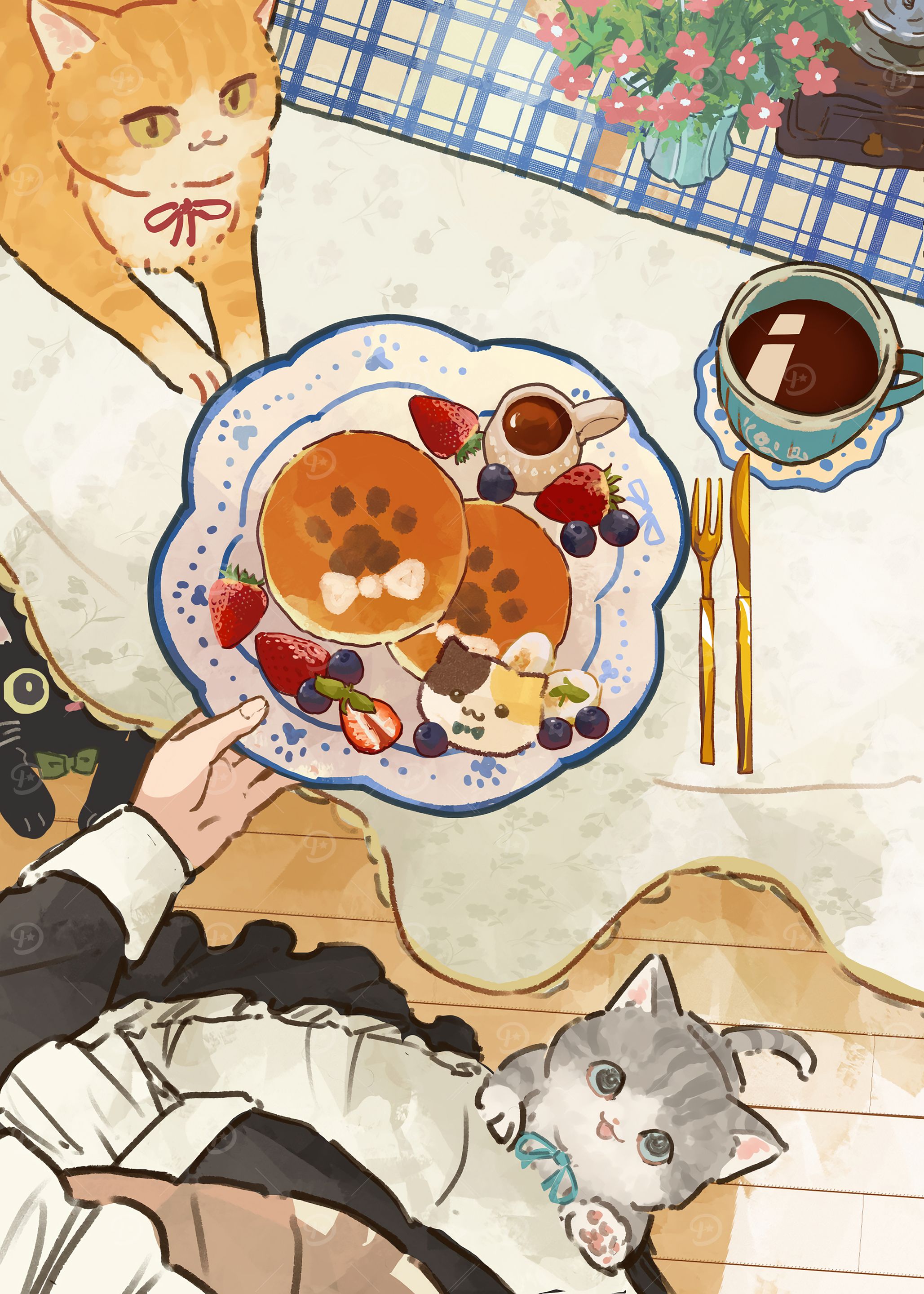 Cute Cats and Pancakes Illustration