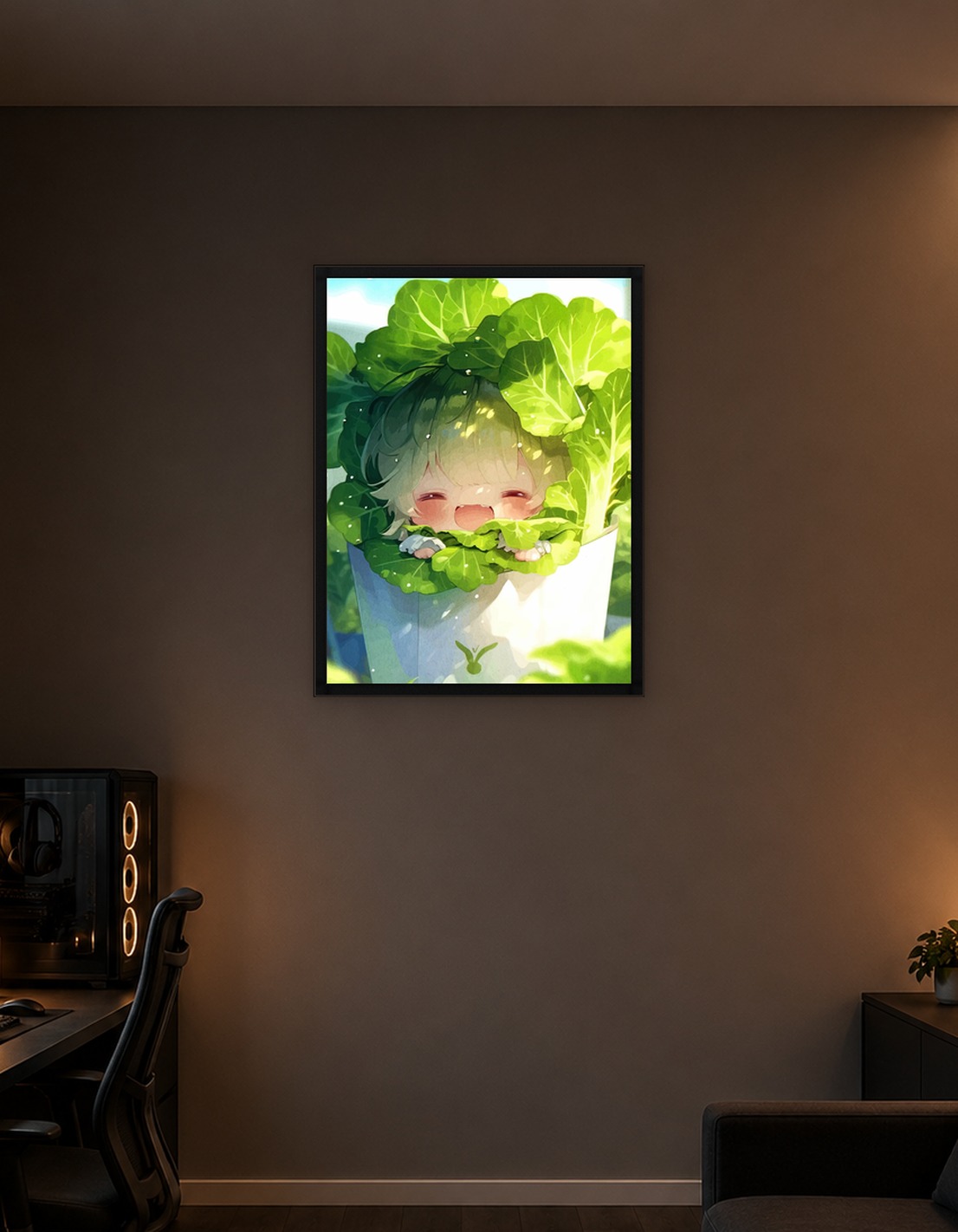 Cute Anime Character in Lettuce Pot