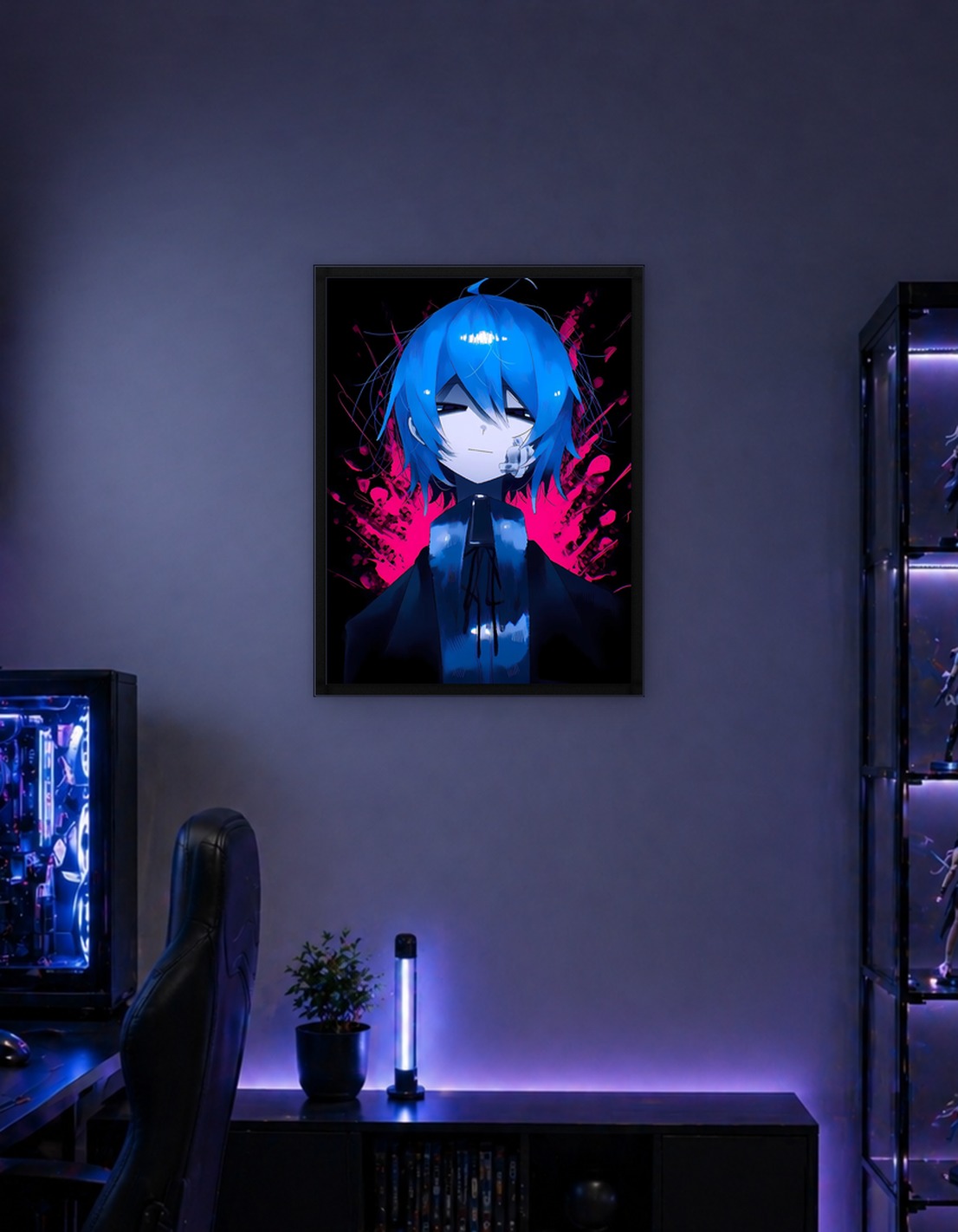 Blue-haired anime character with pink background