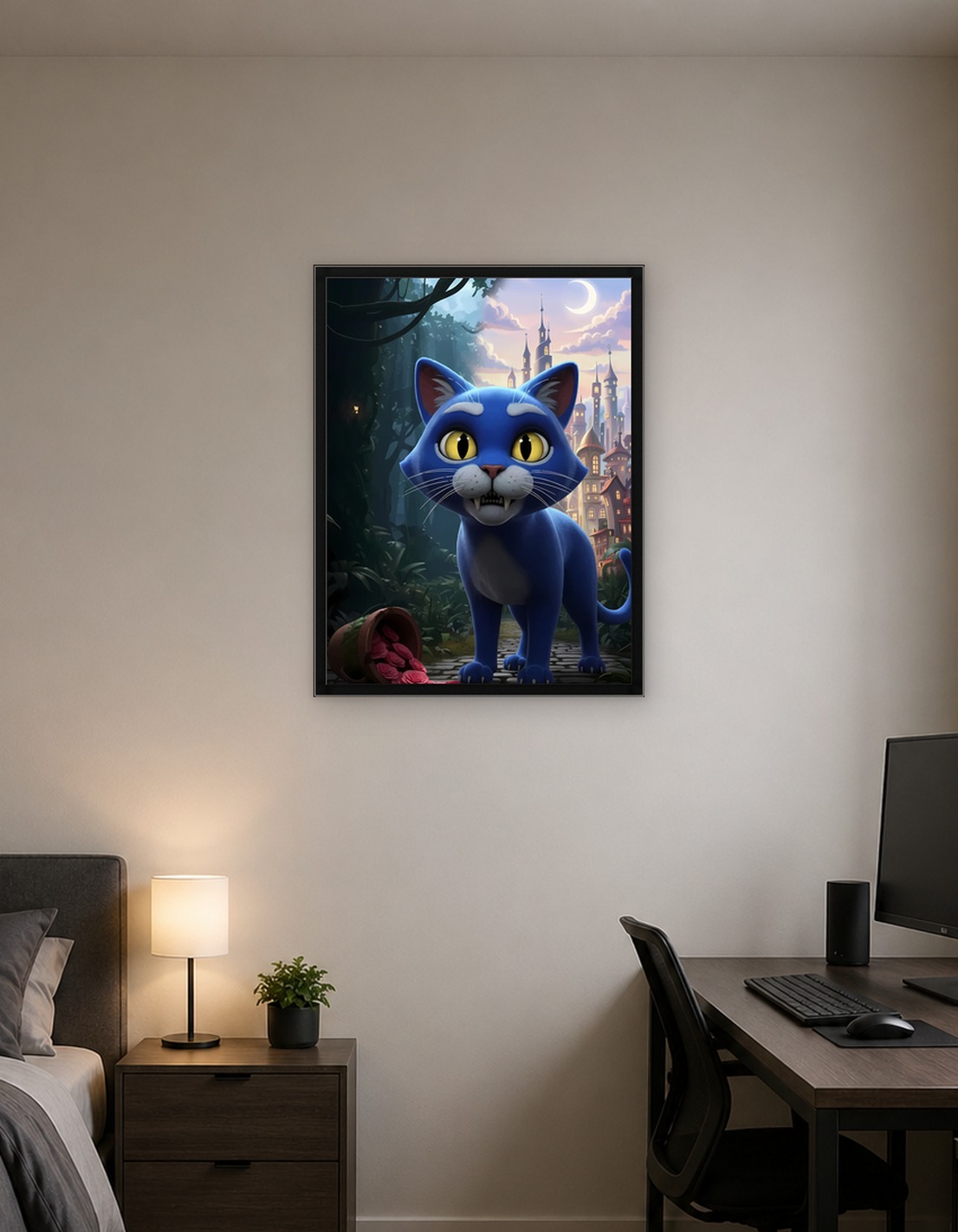 Blue Cartoon Cat in Fantasy Setting