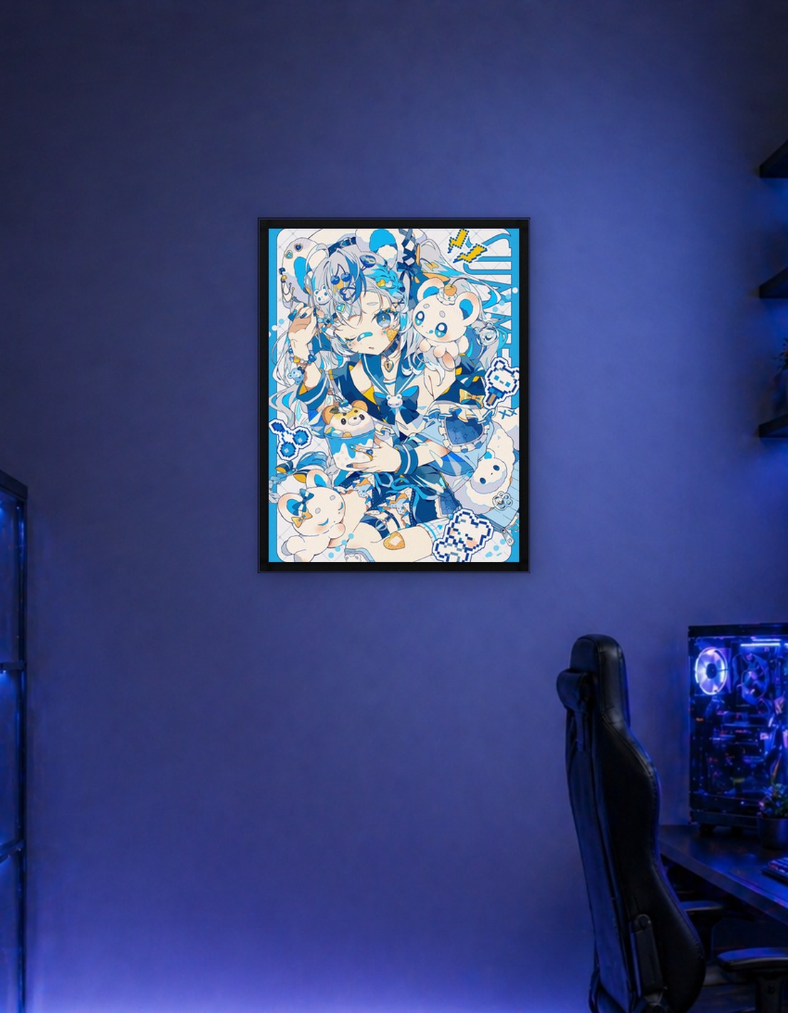 Blue Anime Girl with Bear Theme