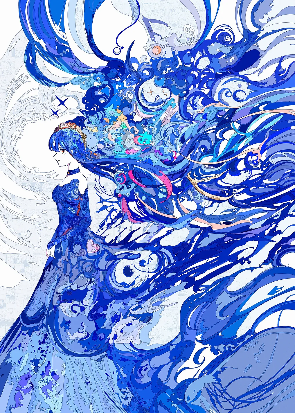 Blue Anime Girl with Flowing Hair