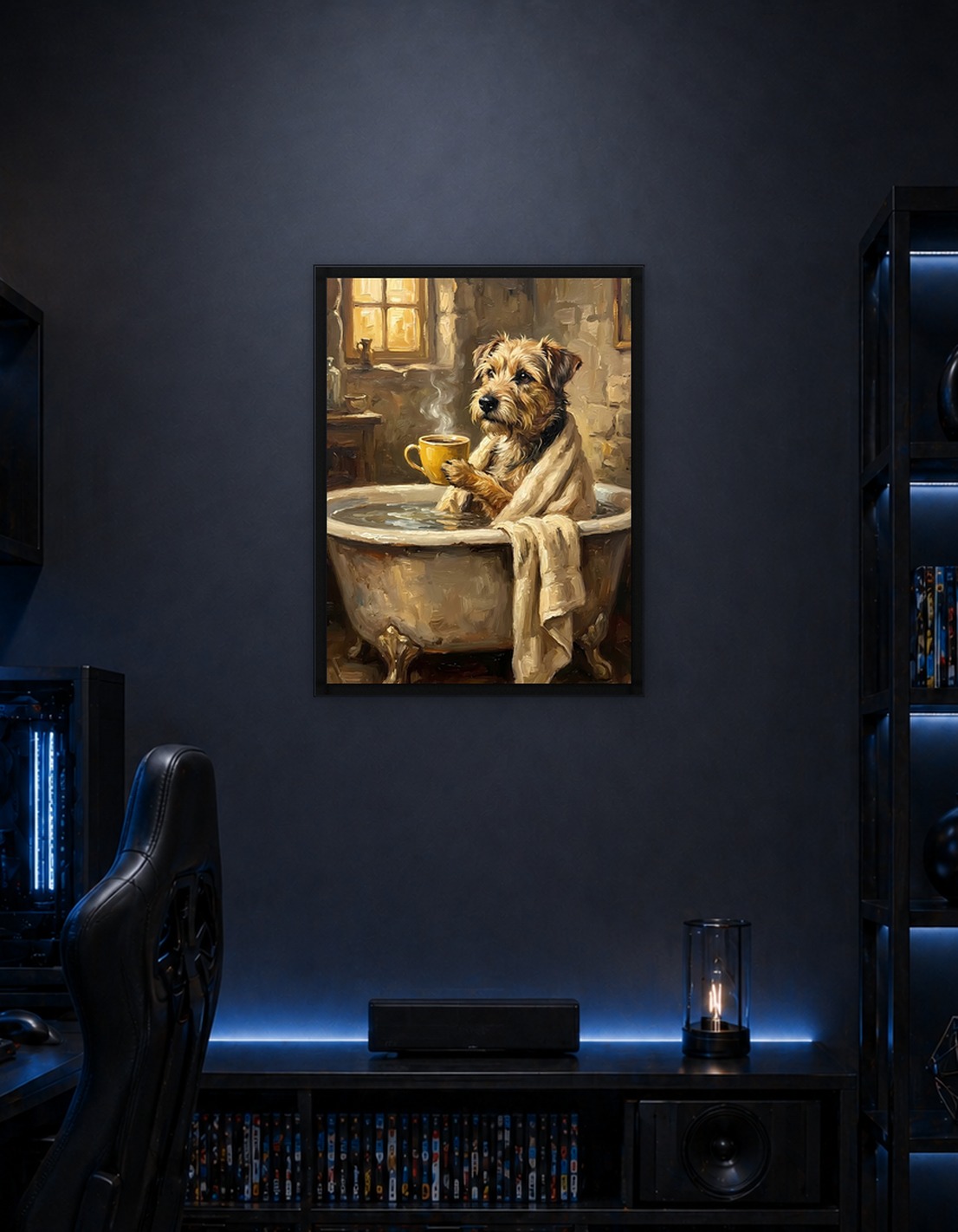 Dog in Bathtub with Coffee Painting