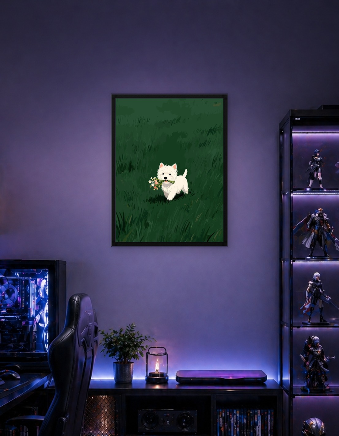 Dog with Flowers in Green Field