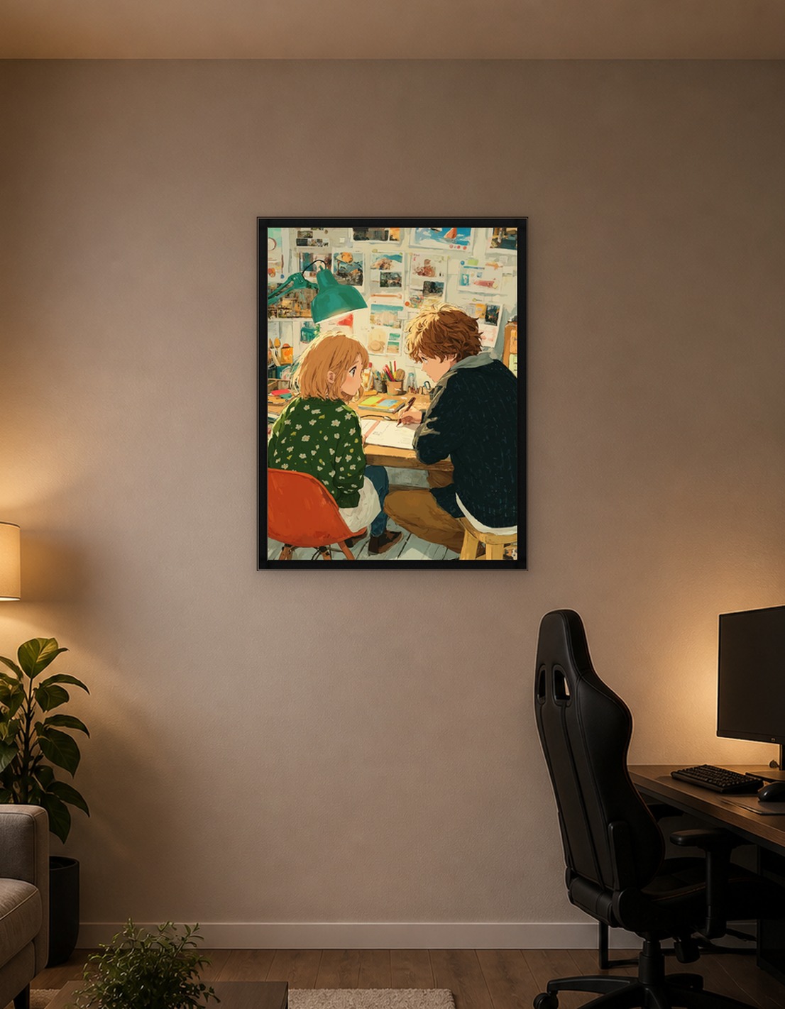 Anime students studying together at desk