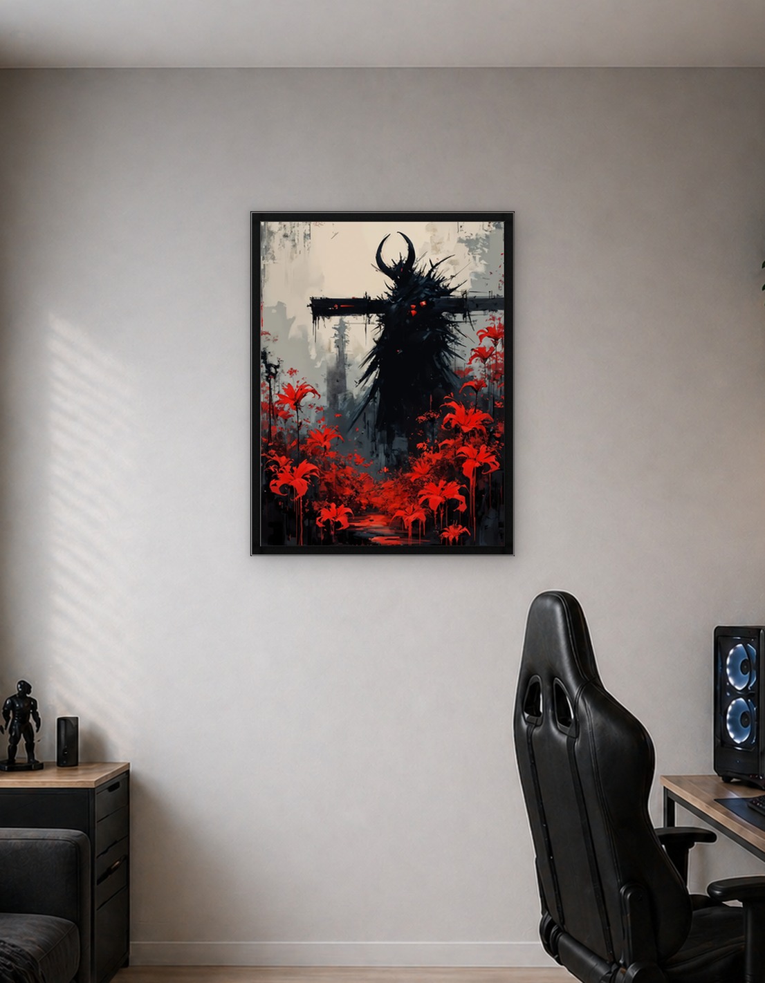 Dark Figure Amidst Red Lilies