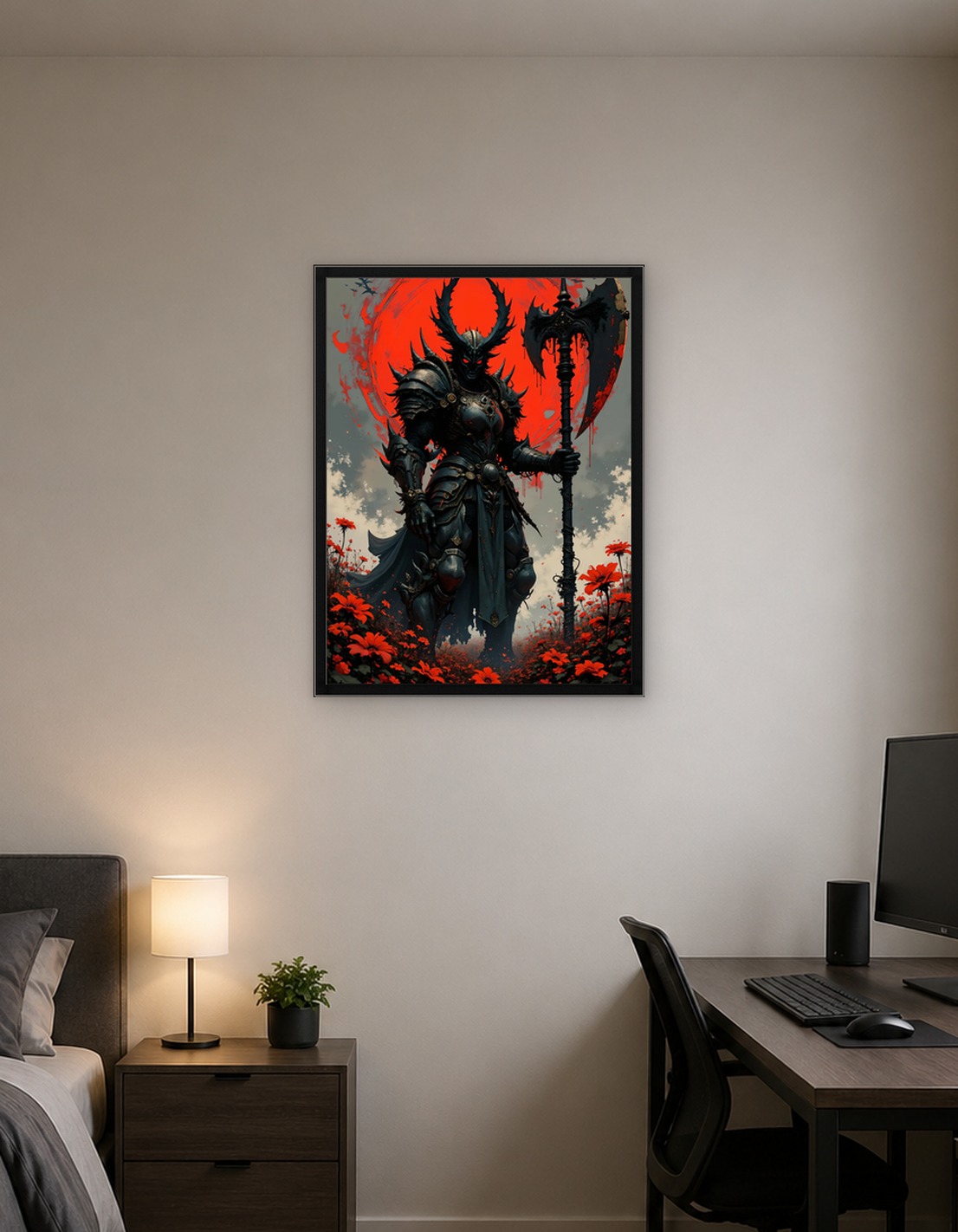 Dark Knight with Red Sun and Flowers