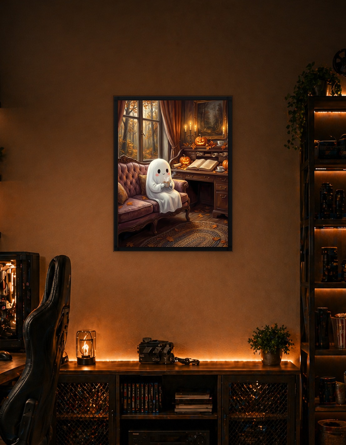 Cozy Ghost with Coffee in Autumn