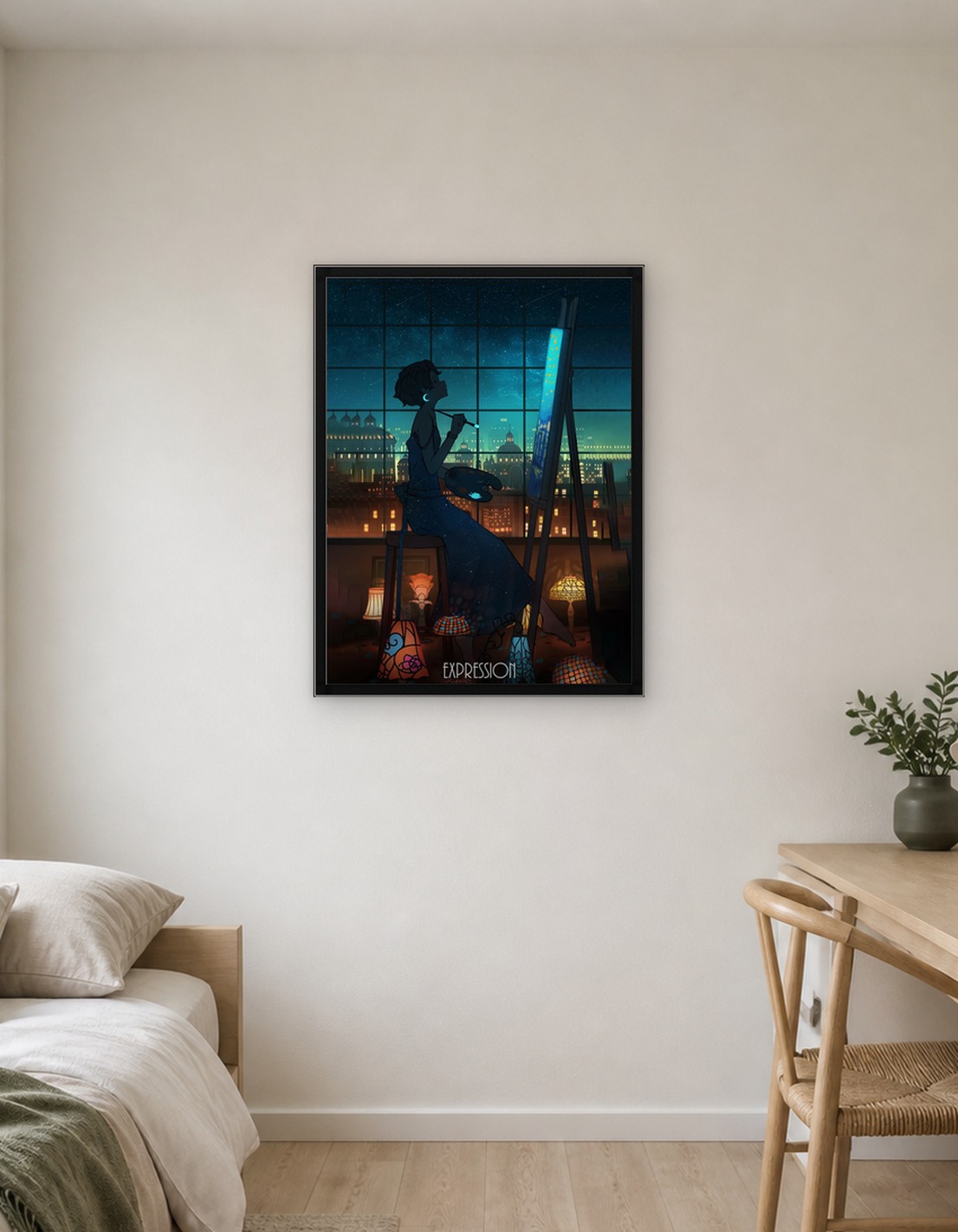 Artist Painting Cityscape at Night