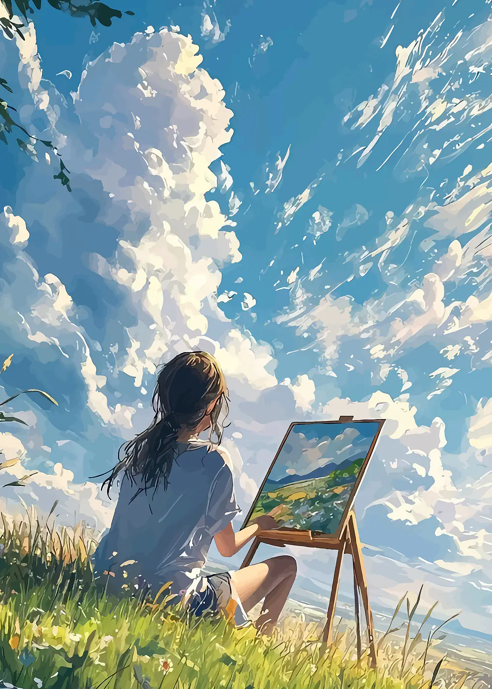 Artist Painting a Landscape Under a Cloudy Sky