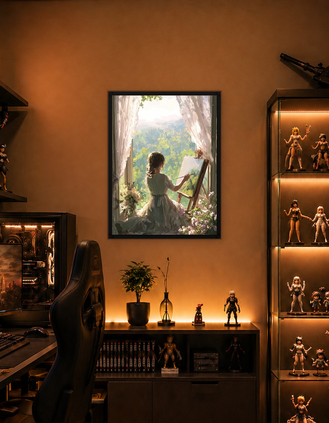 Artist painting a landscape by the window