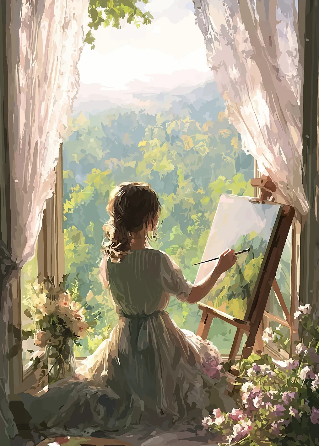 Artist painting a landscape by the window