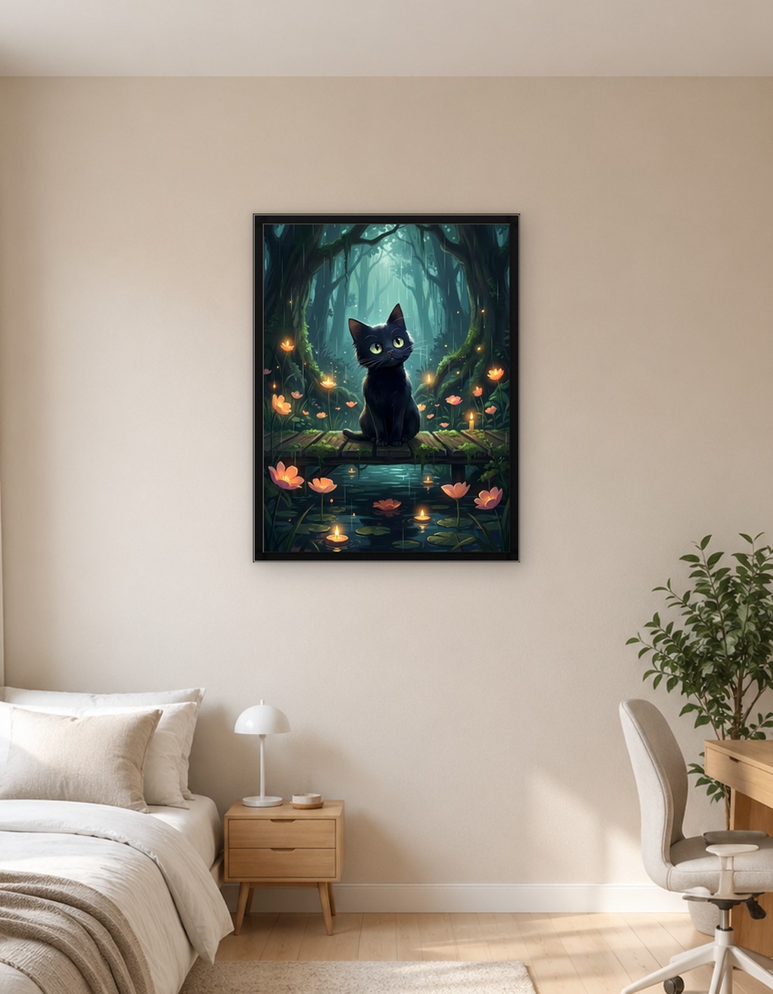 Black Cat in Rainy Forest
