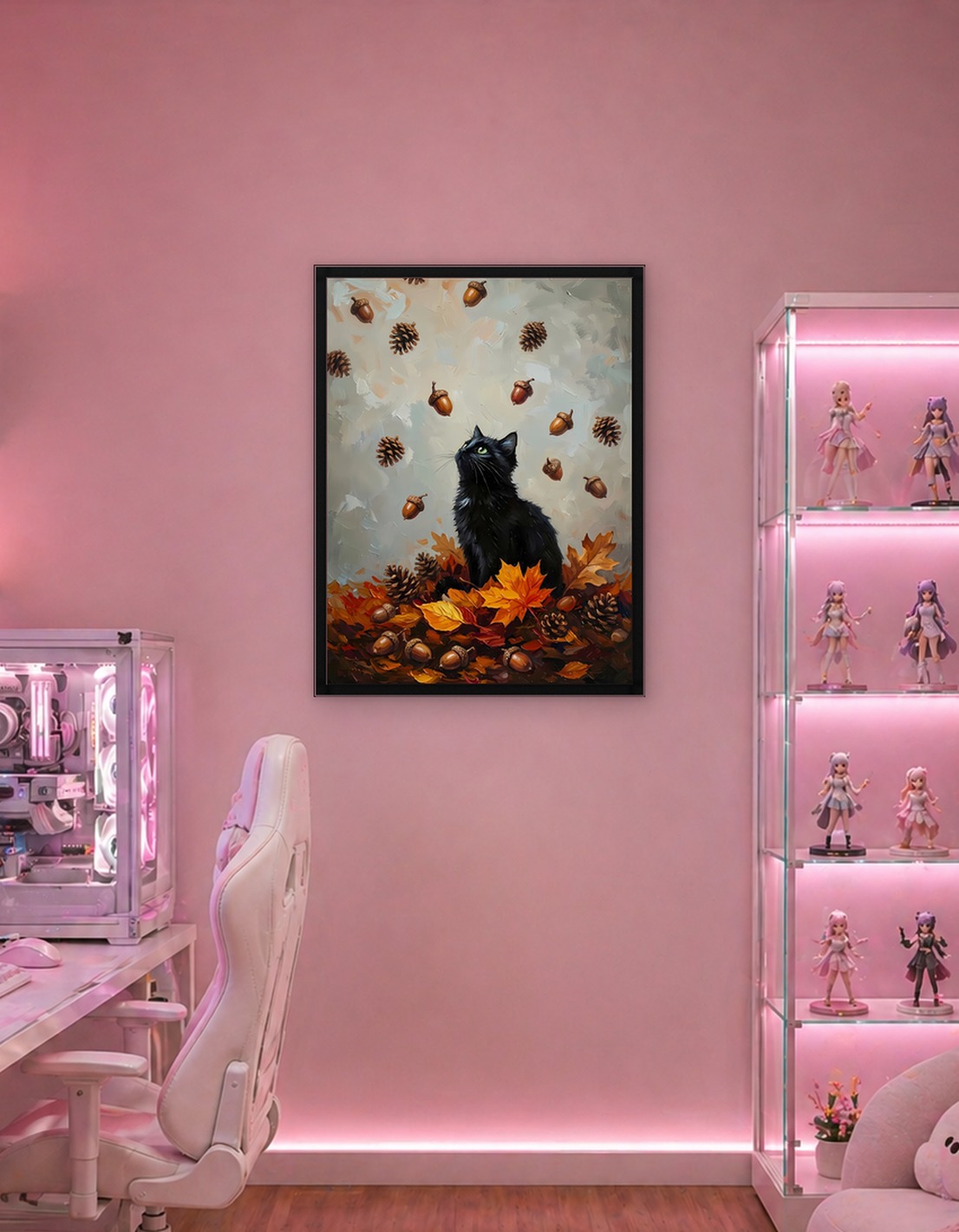 Black Cat in Autumn Leaves Painting