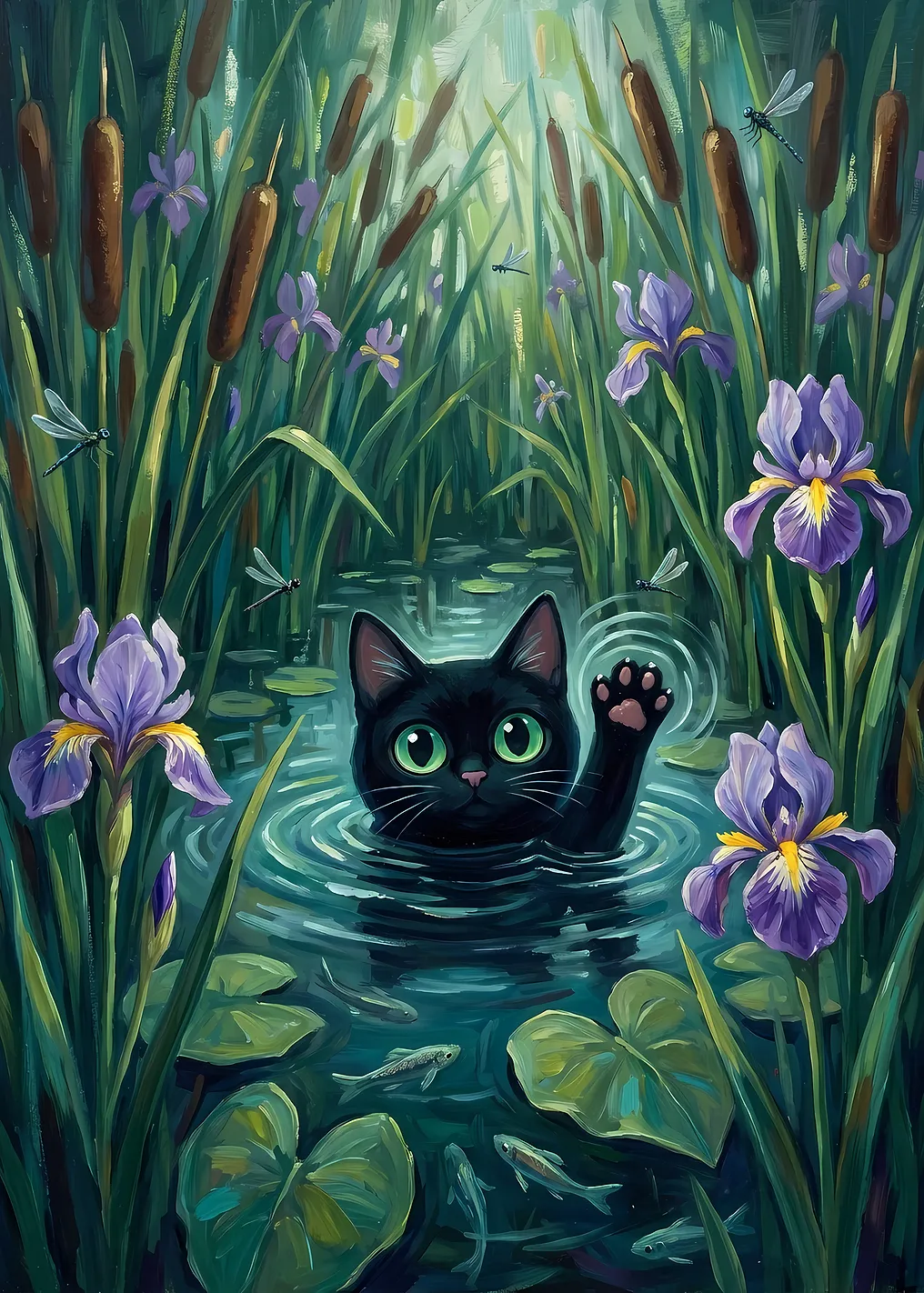 Black Cat in Pond with Irises