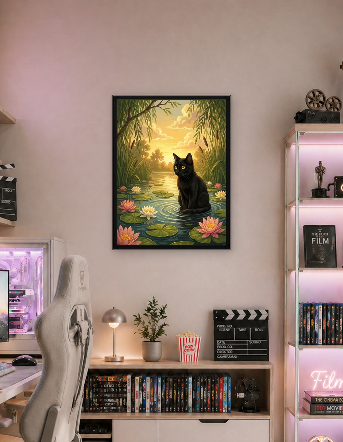 Black Cat in a Pond with Water Lilies