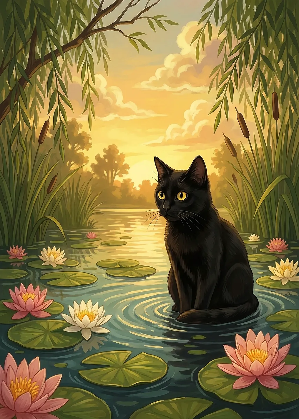 Black Cat in a Pond with Water Lilies