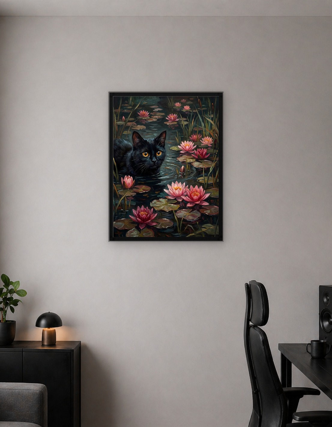 Black cat in water lilies pond