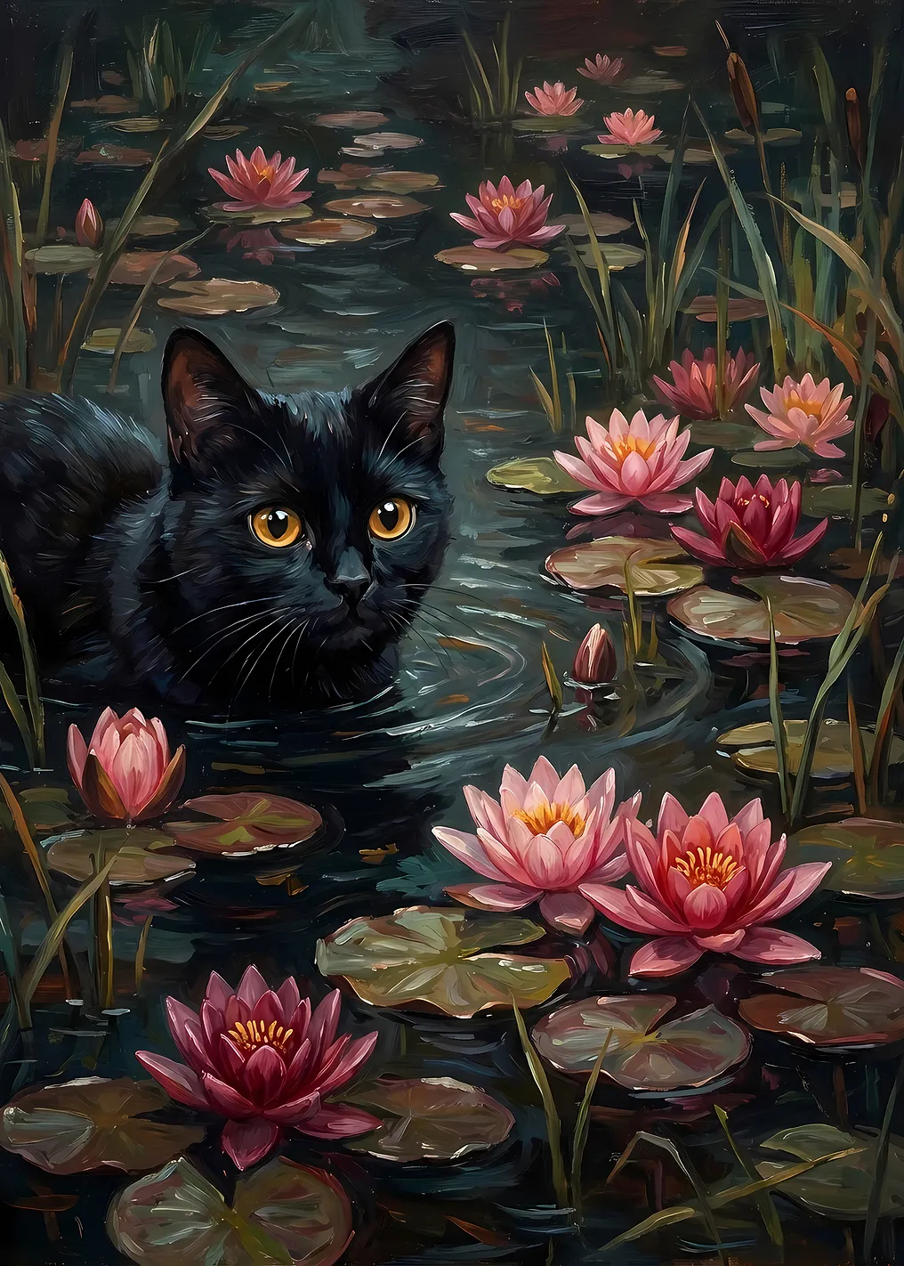 Black cat in water lilies pond