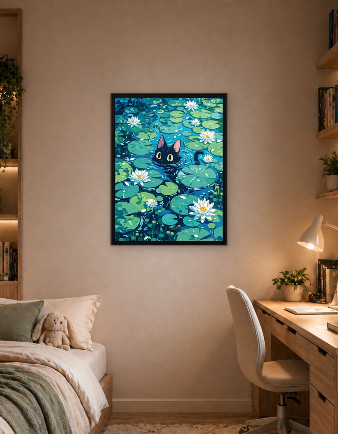 Black Cat in a Lily Pond