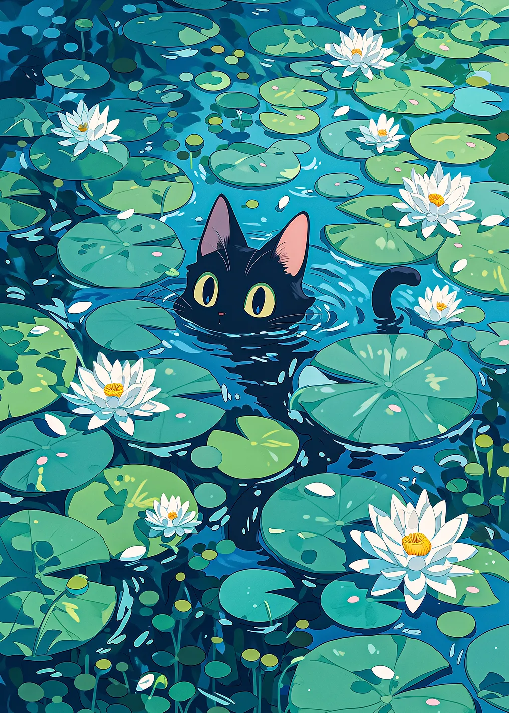 Black Cat in a Lily Pond