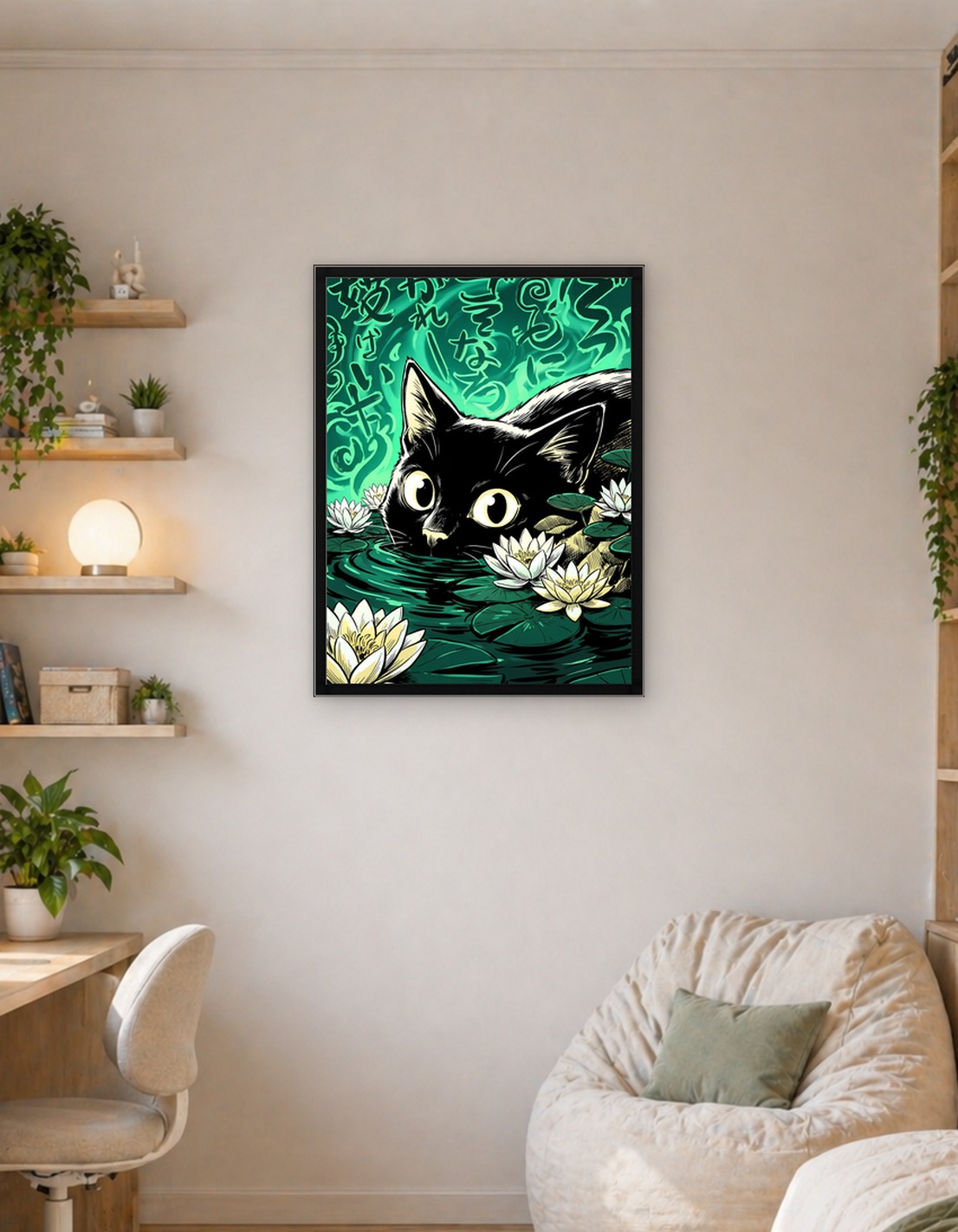 Black Cat in Lily Pond Illustration