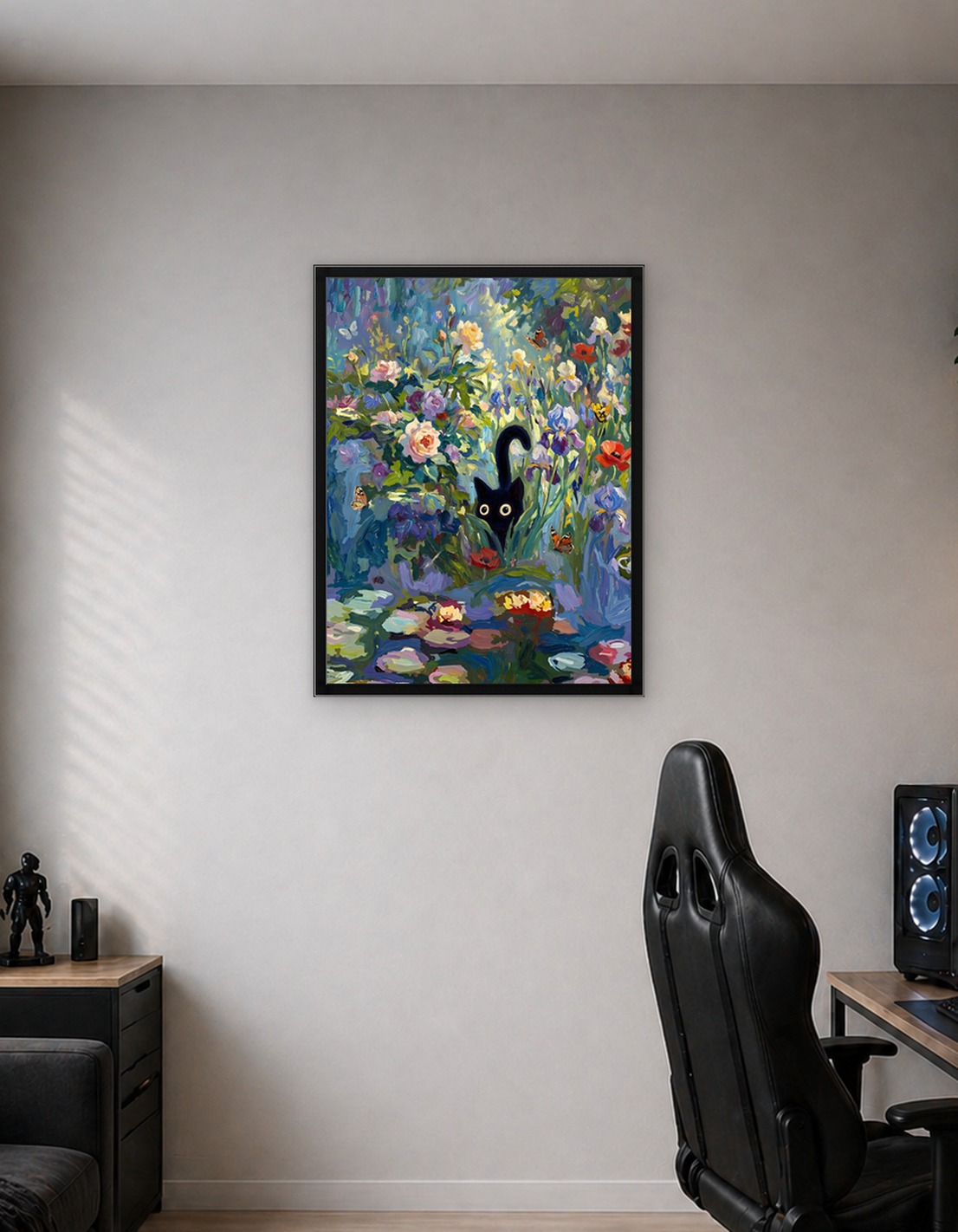 Black Cat in Floral Garden Painting