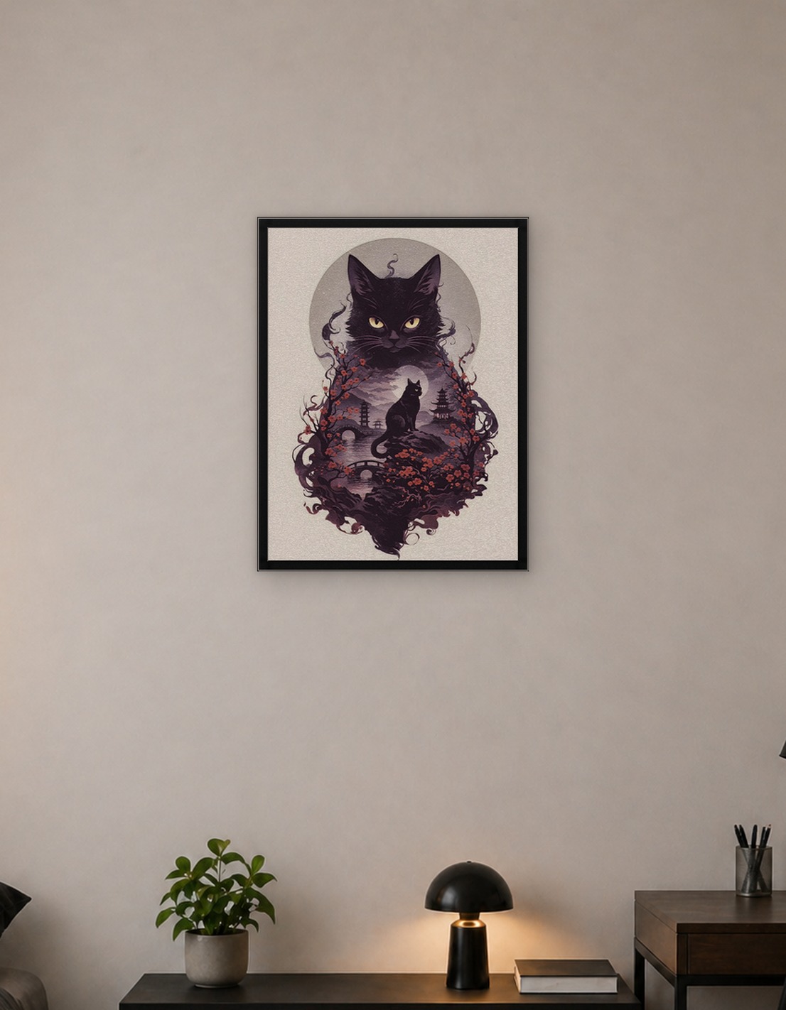 Black Cat in Japanese Landscape