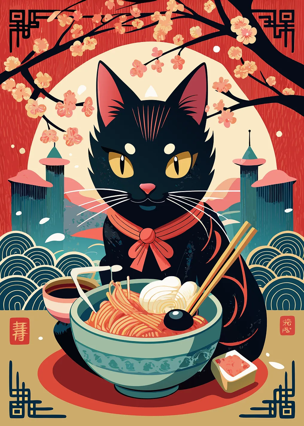Black Cat Eating Ramen - 9781200