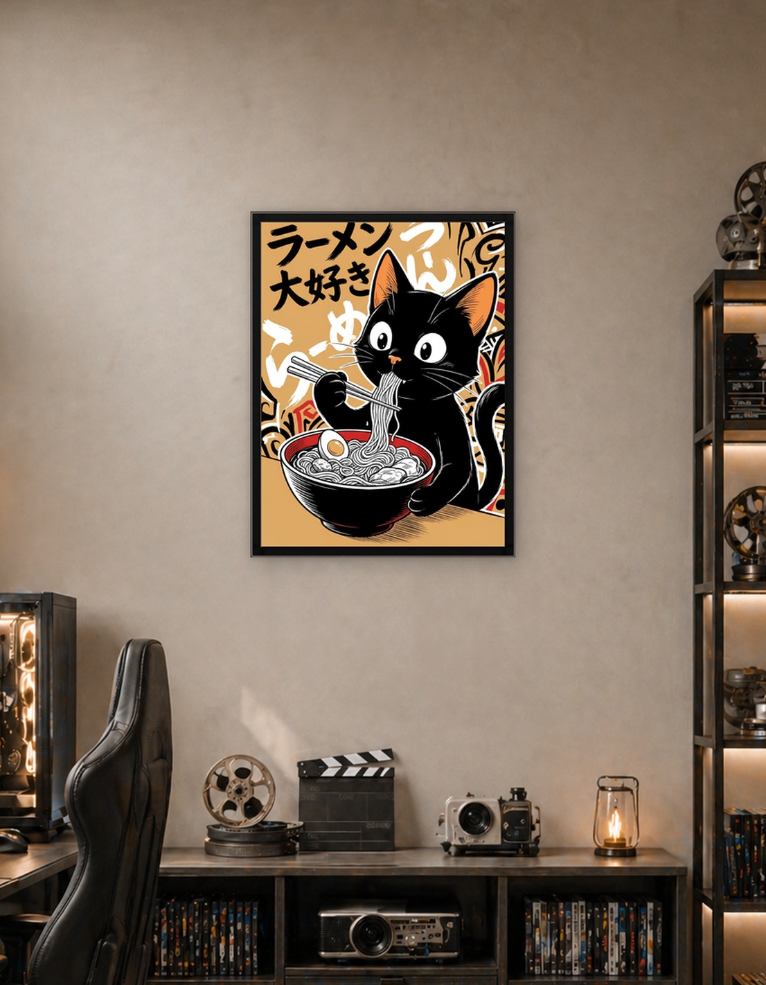 Black Cat Eating Ramen Illustration
