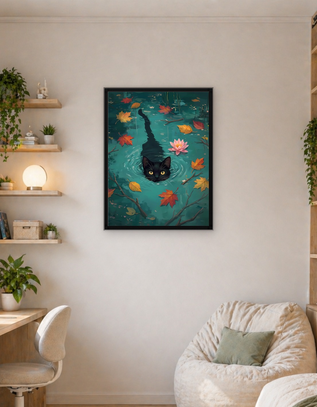 Black Cat Swimming in Autumn Pond