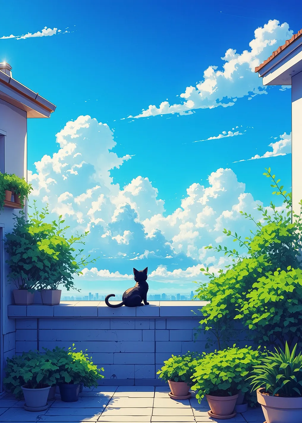 Black Cat on Balcony with City View