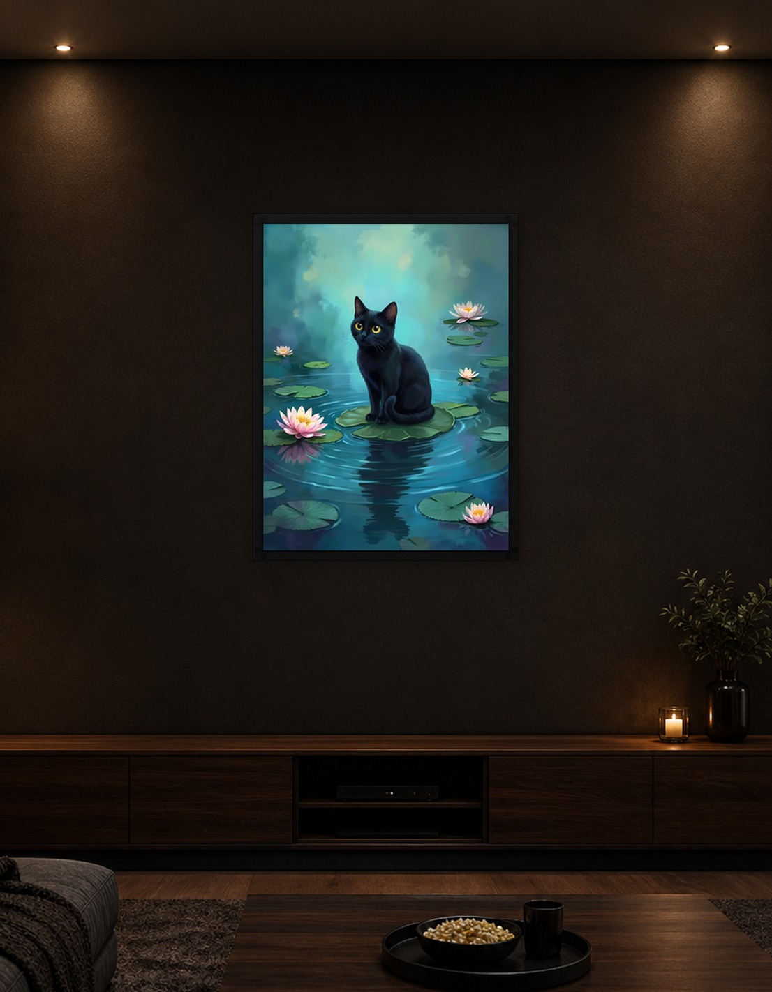 Black Cat on Lily Pad
