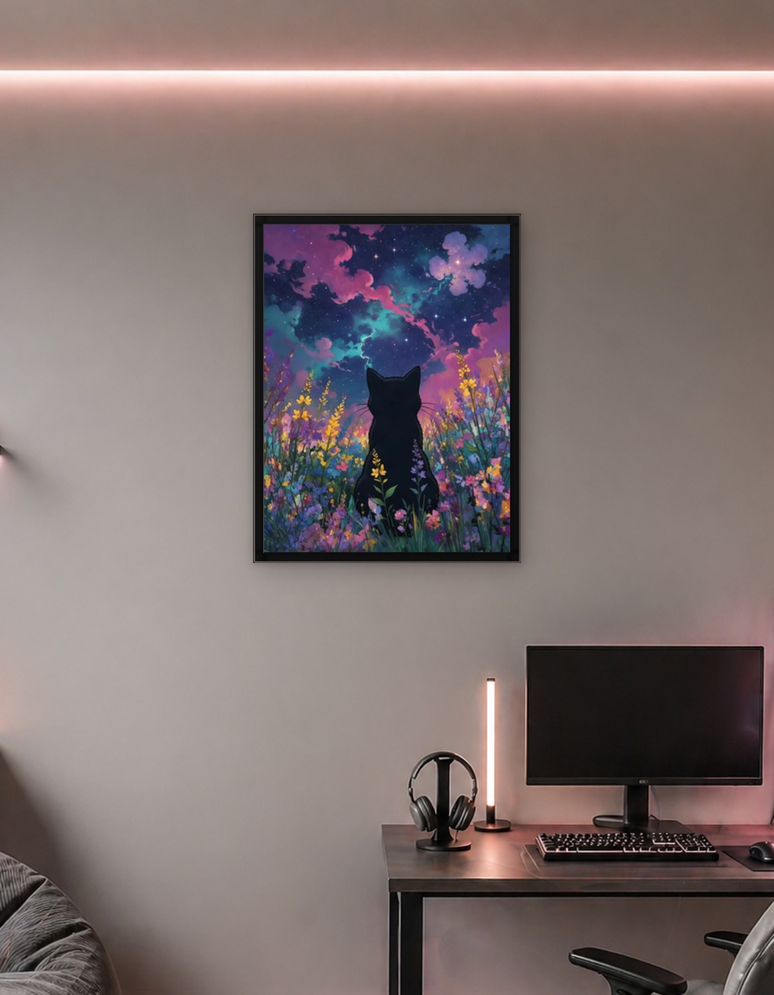 Black Cat in a Field of Flowers Under a Starry Sky