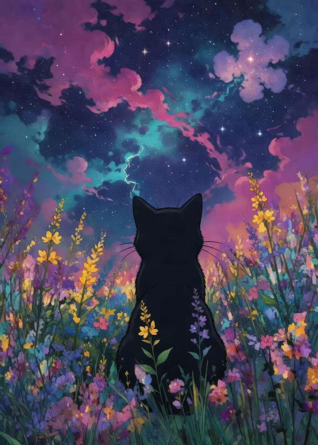 Black Cat in a Field of Flowers Under a Starry Sky