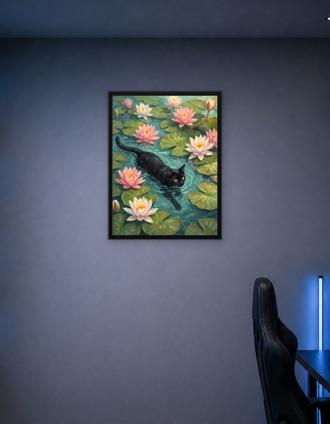 Black Cat Swimming Among Water Lilies