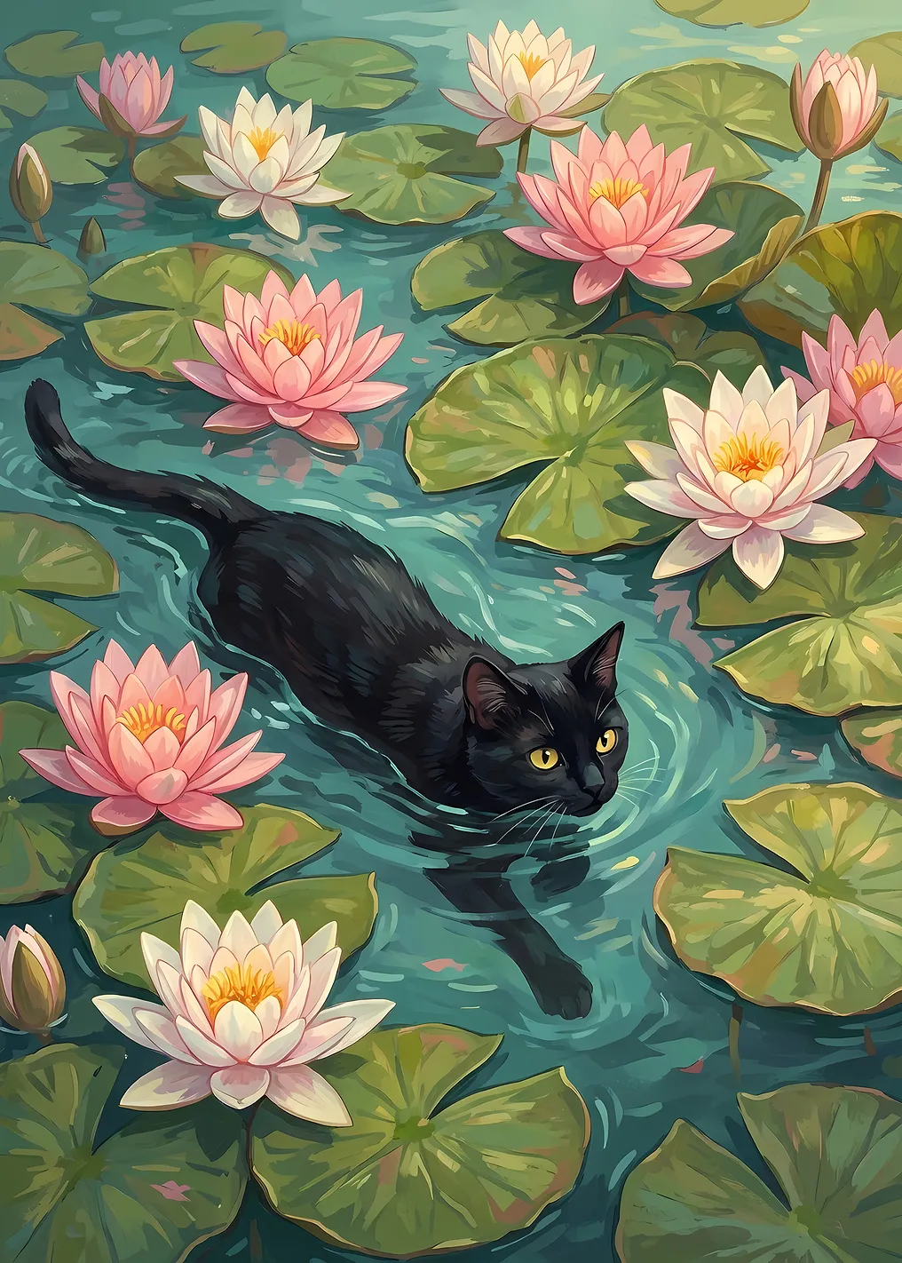 Black Cat Swimming Among Water Lilies