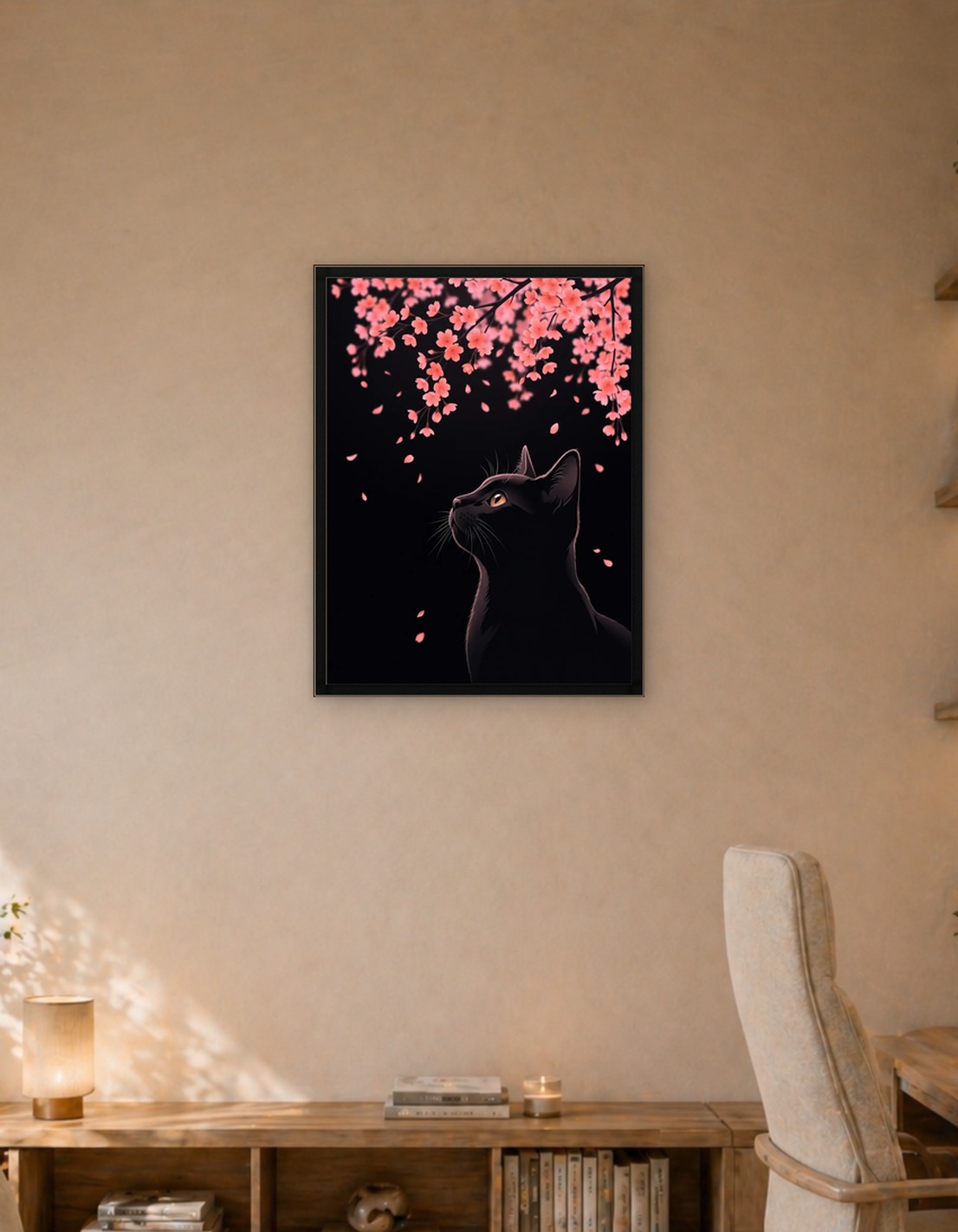 Black Cat Under Cherry Blossoms
