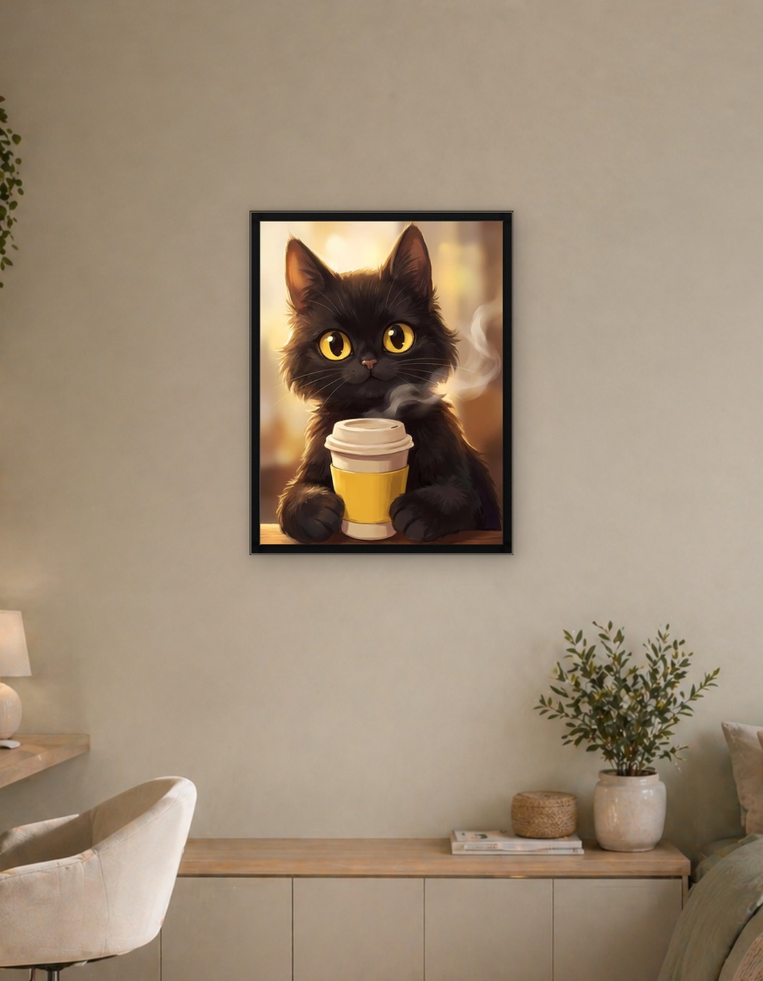 Black Cat with Coffee Cup