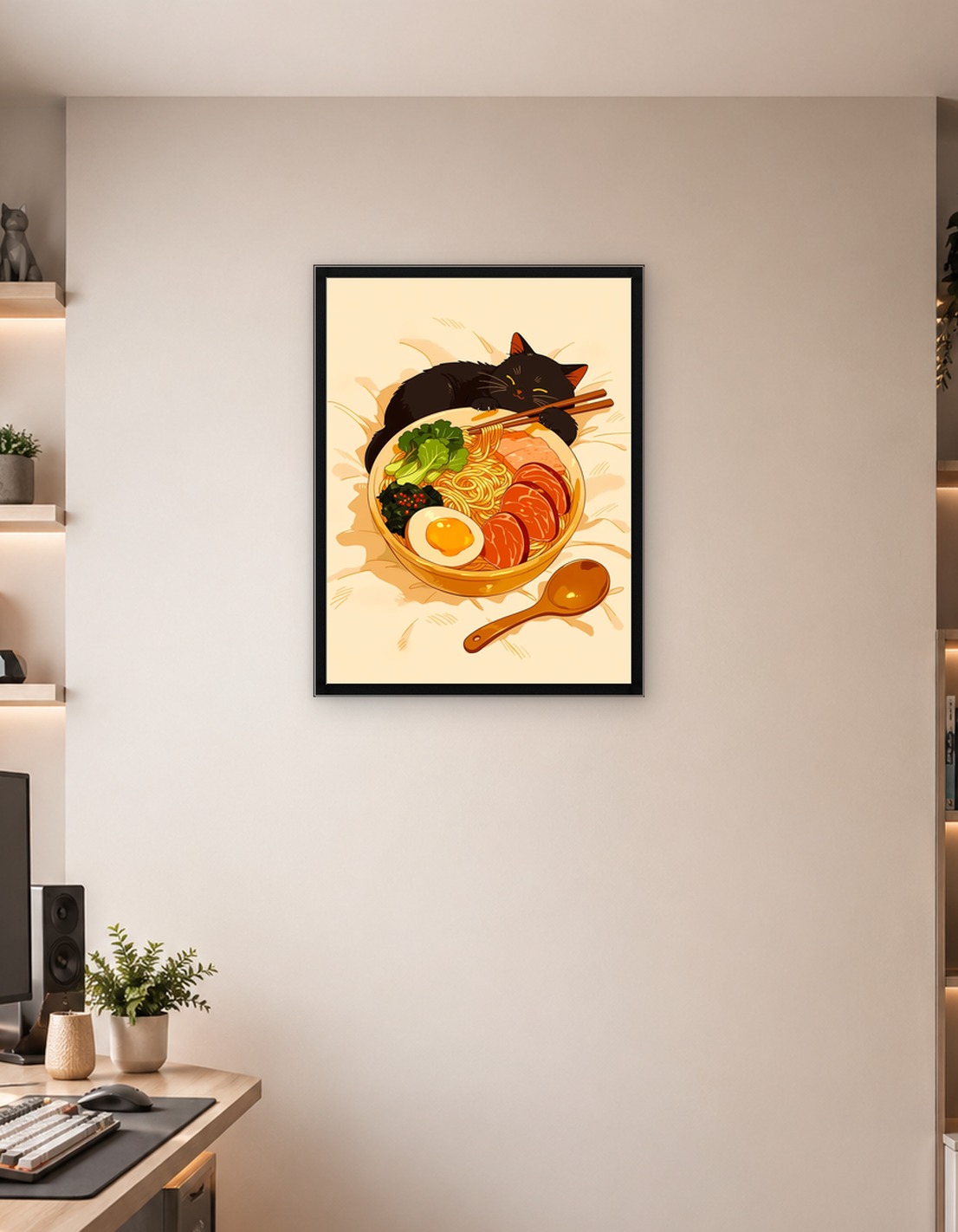 Черная кошка спит на миске с рамэном