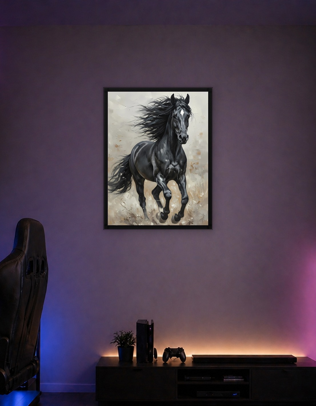 Black Horse Running in Dust