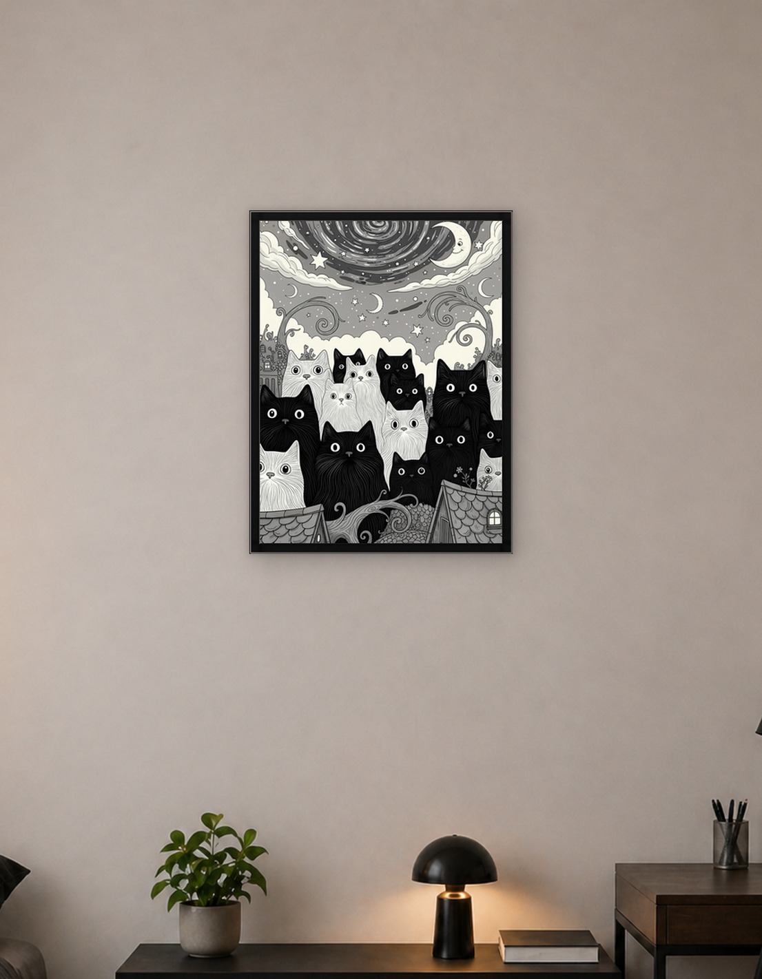Black and White Cats Under Moonlight