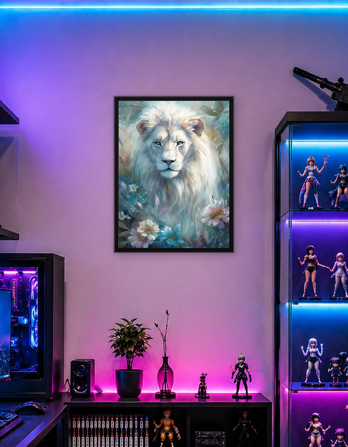 Majestic White Lion in Floral Surroundings