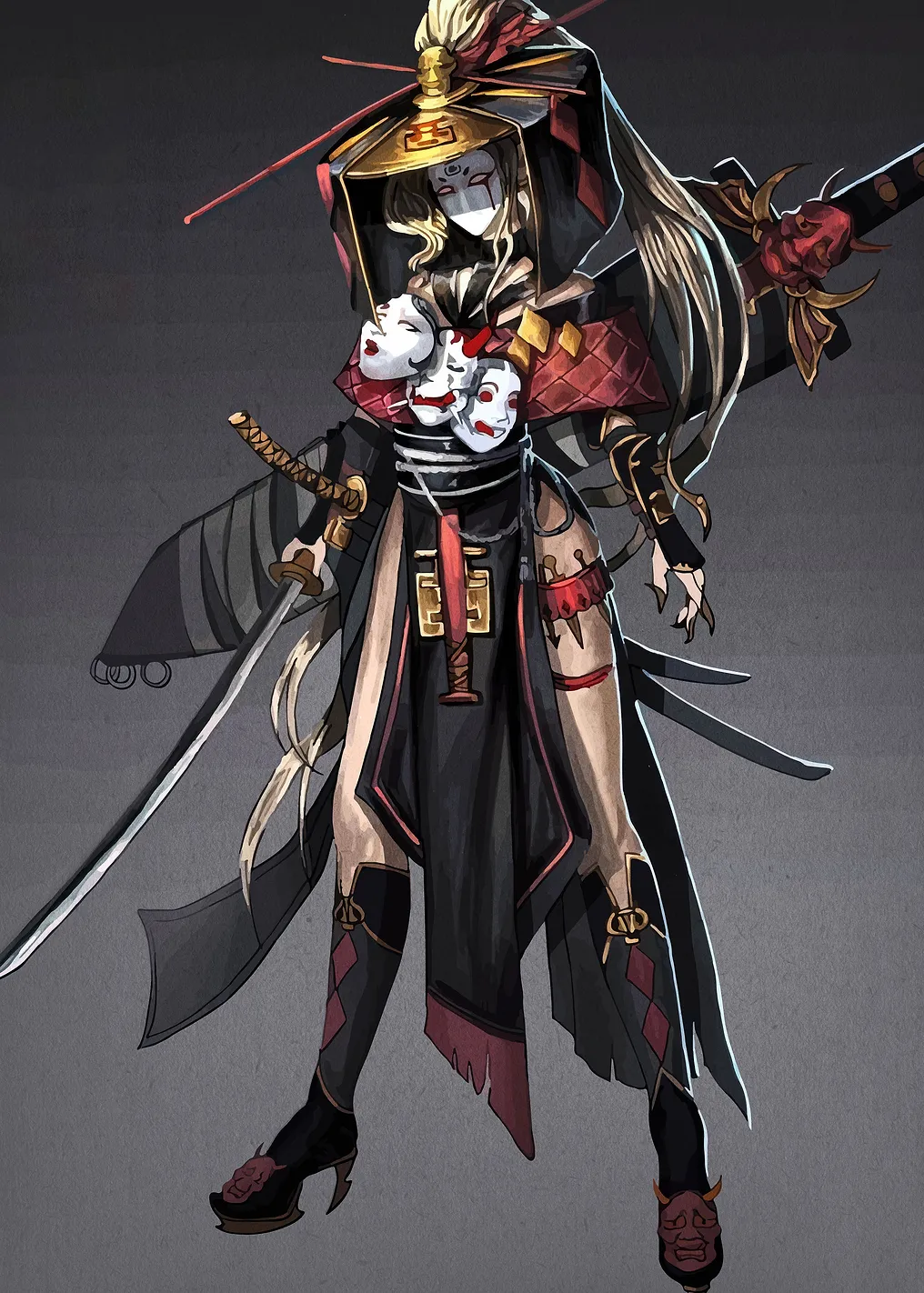 Masked Warrior with Swords and Masks