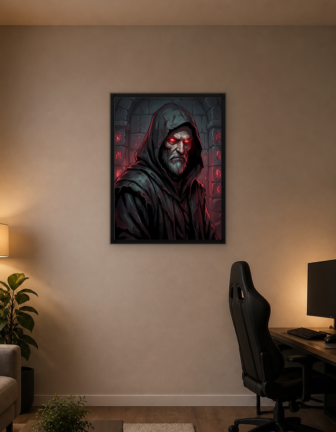 Hooded Wizard with Glowing Red Eyes