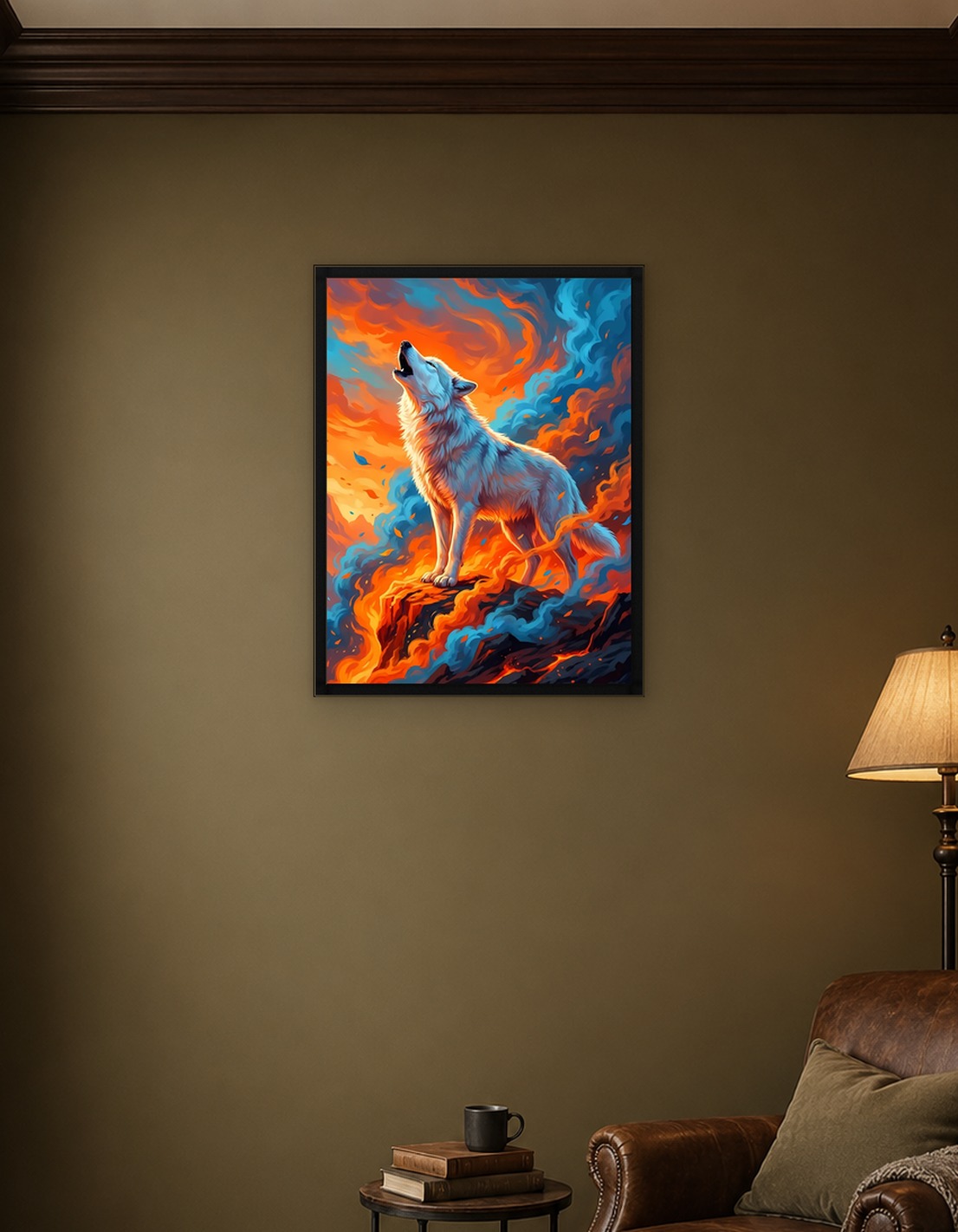 Howling Wolf on Fiery Landscape