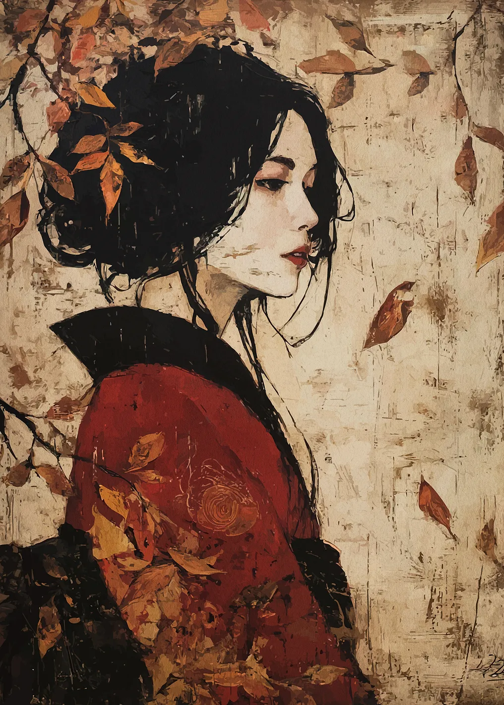 Geisha in Autumn Leaves