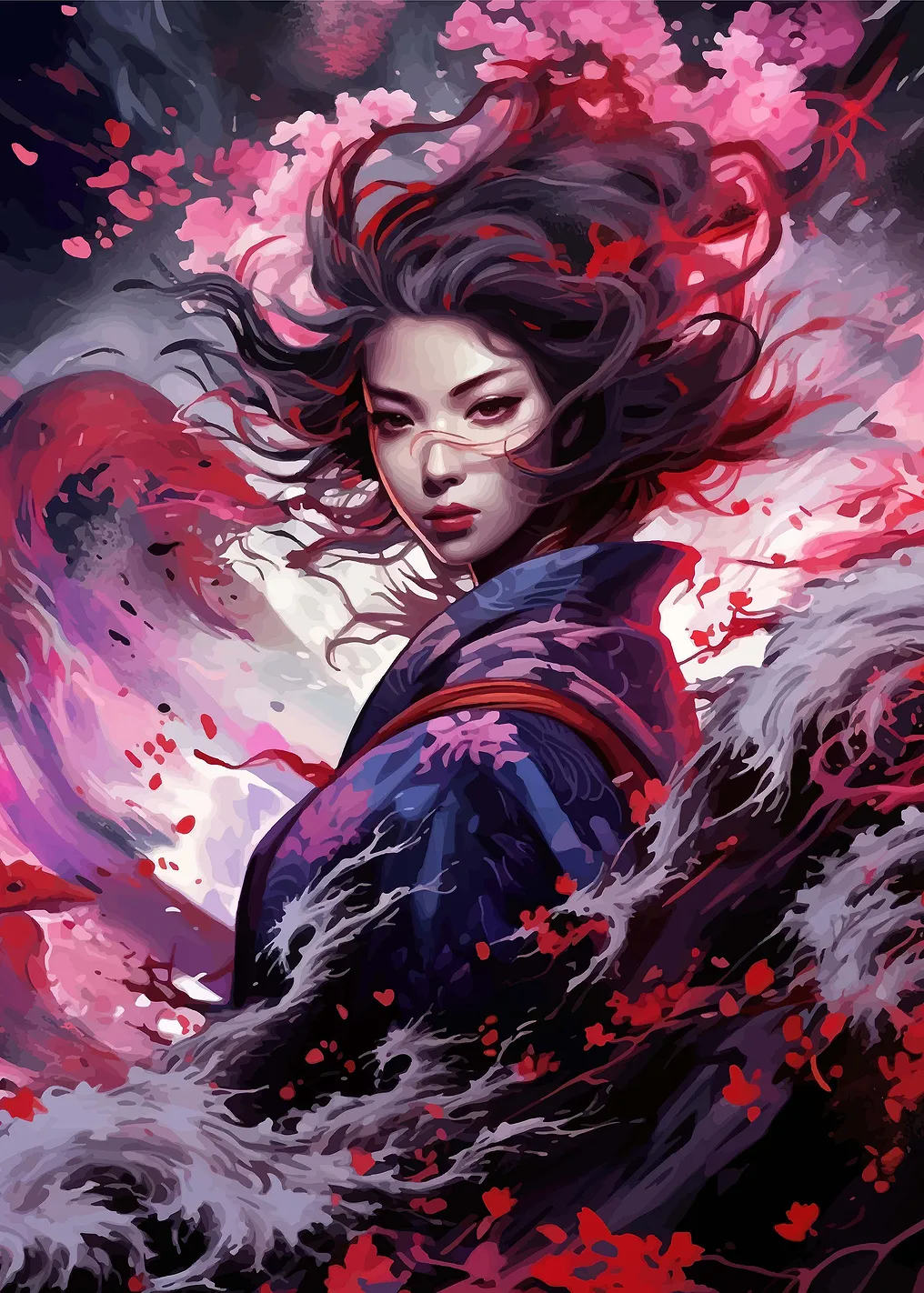 Geisha in Cherry Blossoms and Waves